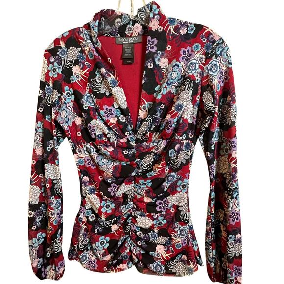 Bisou Bisou Michele Bohbot Floral Semi Sheer Ruched LS Top Whimsygoth Mesh Sz XS - Picture 2 of 15